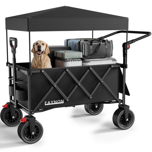 3 in 1 Collapsible Wagon with 300lbs Weight Capacity,150L Heavy Duty Utility Cart with Removable Canopy,with Big All-Terrain Beach Wheels & Drink Holders,Black